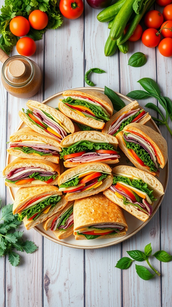 A variety of meal prep sandwiches on a platter, featuring assorted fillings and fresh vegetables.